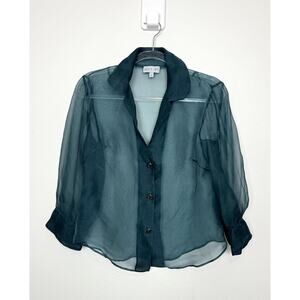 Emerald Organza Blouse Top Womens 4 Sheer Button Front Collared Puff Sleeve